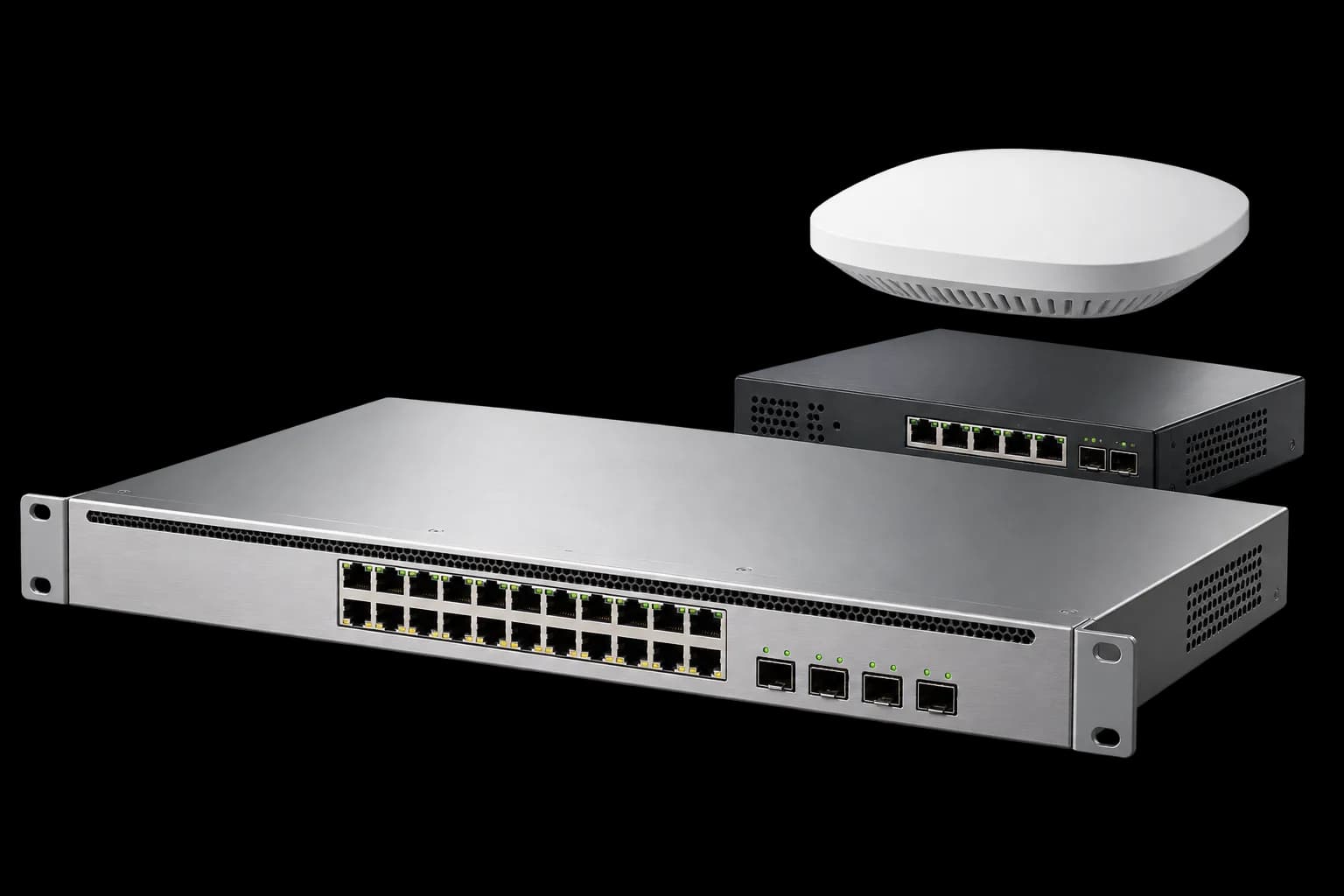 Render minh họa switch, firewall và WiFi Access Point doanh nghiệp